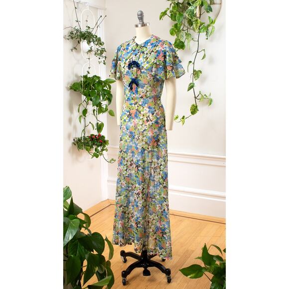 Vintage 1930s Tea Dress 30s Floral Cotton Voile Maxi Art Deco Summer Lawn Dress - Picture 4 of 12